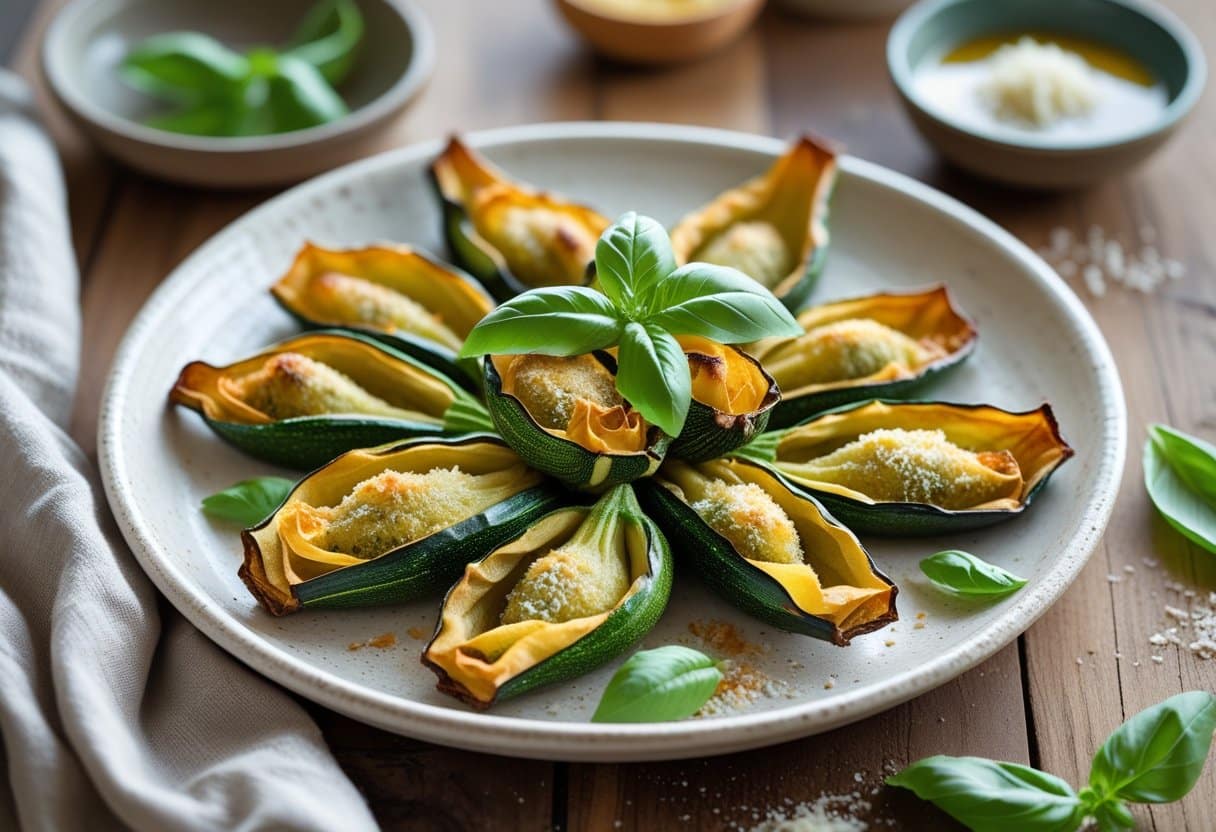 A plate of golden baked zucchini blossoms garnished with basil leaves and Parmesan cheese on a wooden table.