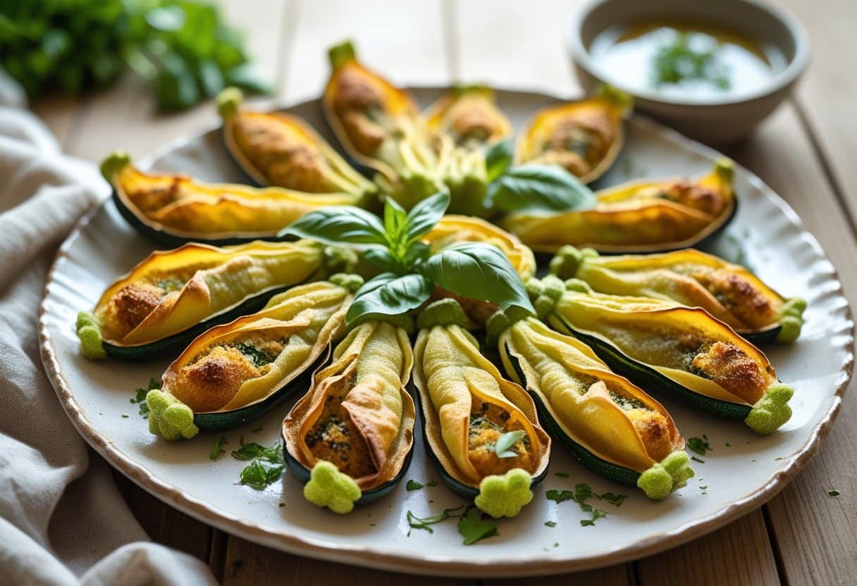 A plate of golden baked zucchini blossoms garnished with fresh herbs and a small bowl of dipping sauce on a wooden table.