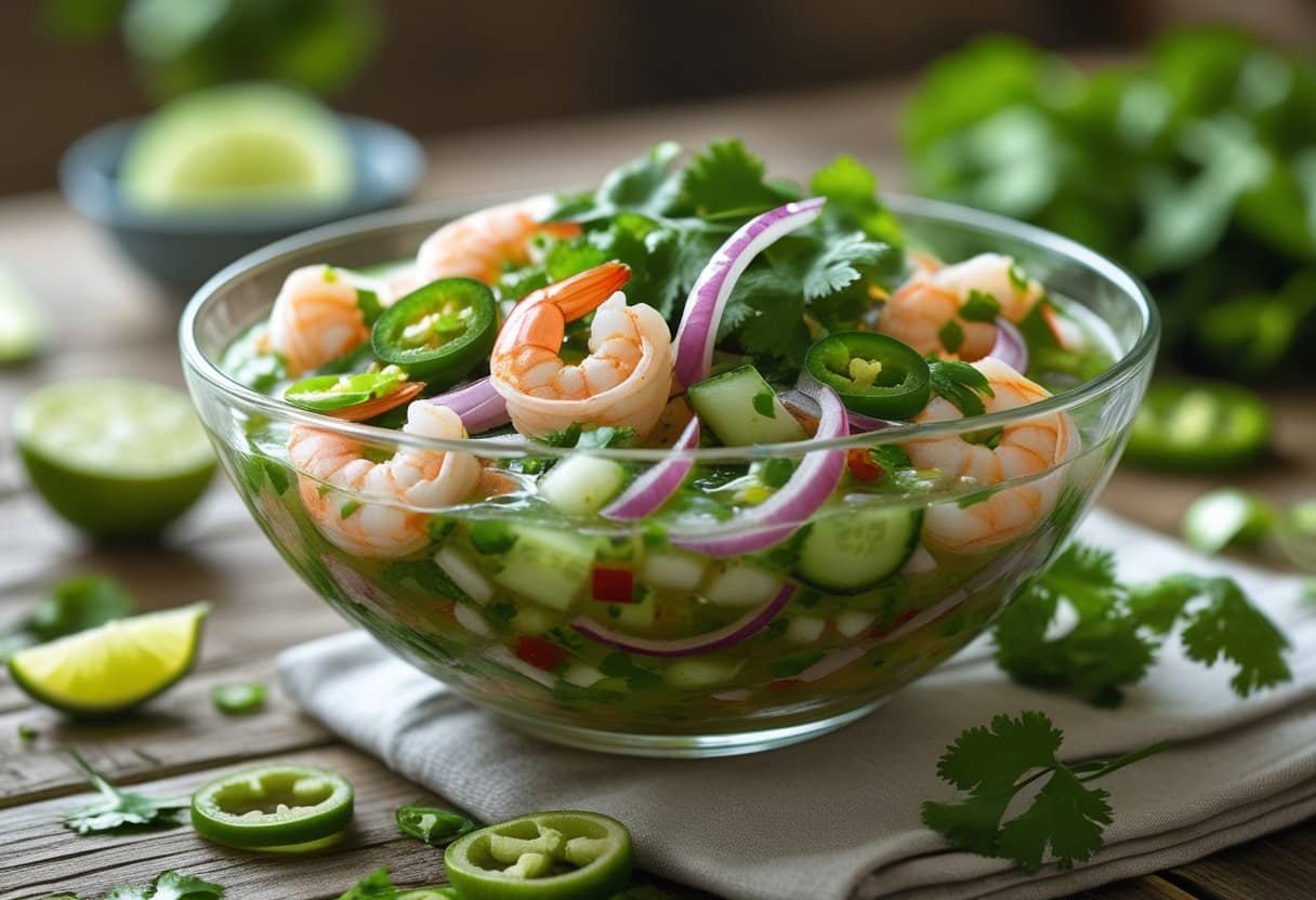 A bowl of shrimp aguachile ceviche with shrimp, cucumber, red onion, and cilantro in a green lime and chili sauce on a wooden table with lime wedges and jalapeños nearby.