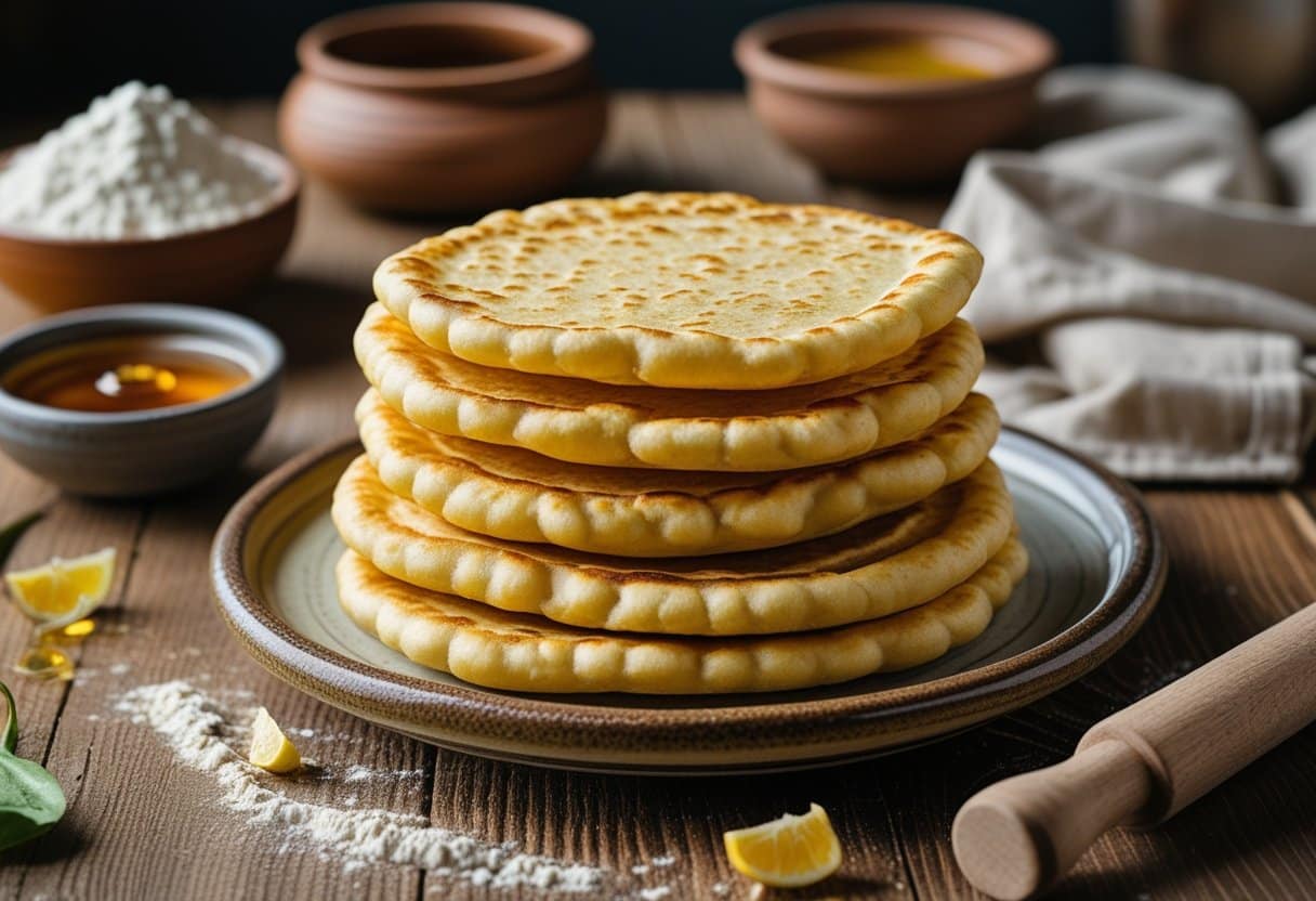 Freshly made Indian fry bread stacked on a plate with honey and baking ingredients on a wooden table.