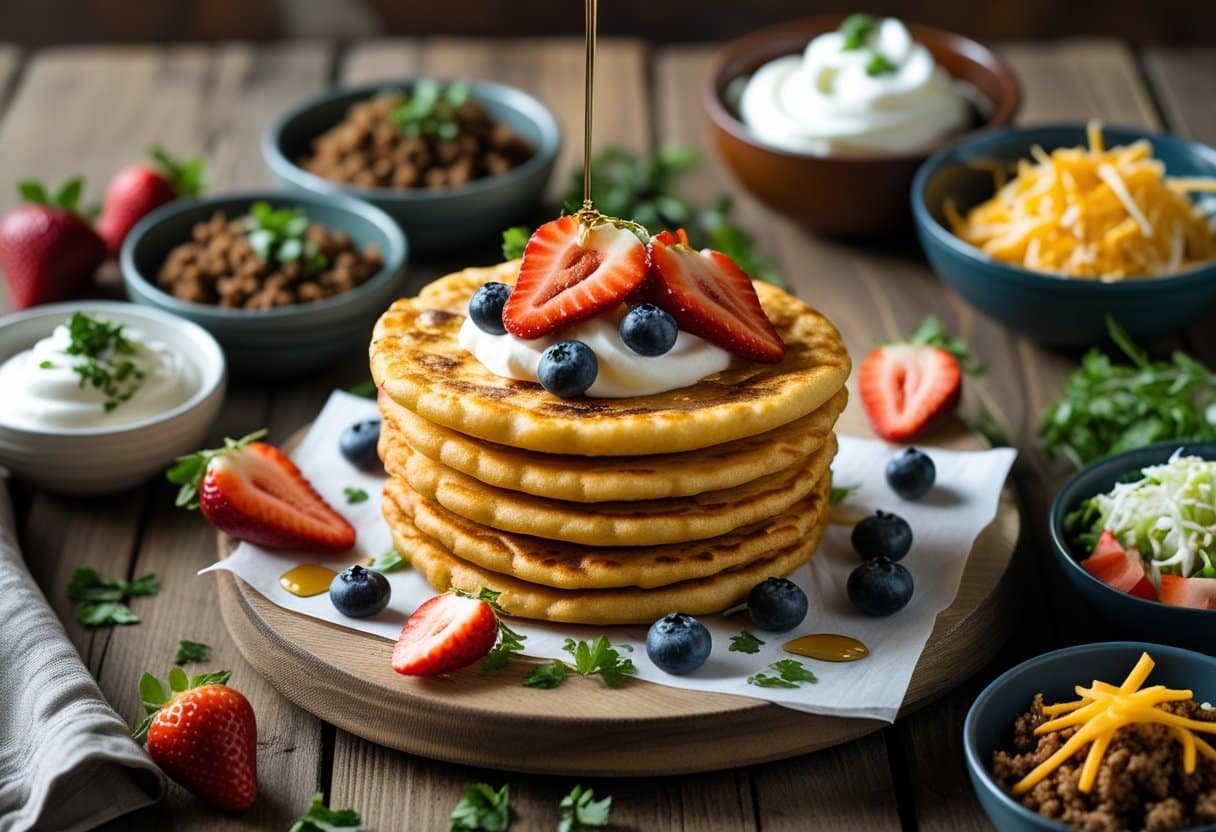 A table with Indian fry bread served with sweet and savory toppings including fresh fruit, whipped cream, and seasoned ground beef.