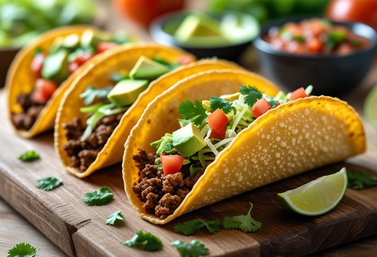 Three low carb cheese taco shells filled with ground beef, lettuce, tomatoes, and avocado on a wooden board with a bowl of salsa and lime wedge nearby.