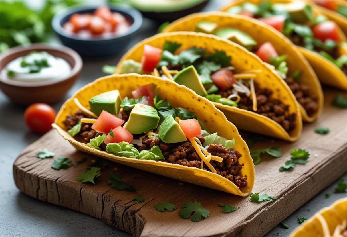 Close-up of low carb cheese taco shells filled with ground meat, lettuce, tomatoes, avocado, and cheese on a wooden board with bowls of toppings around them.