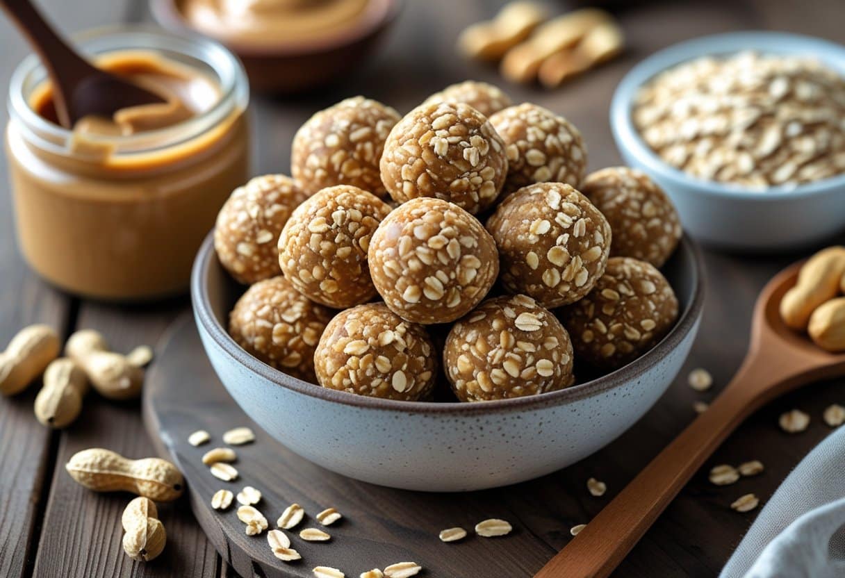 A bowl of peanut butter protein balls on a wooden table surrounded by peanut butter, raw peanuts, and oats.