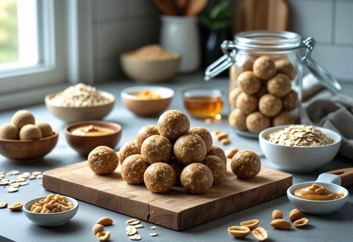 A kitchen countertop with peanut butter protein balls on a wooden cutting board, surrounded by small bowls of ingredients and a jar filled with more protein balls.
