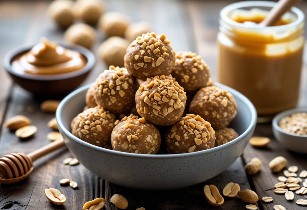A bowl of peanut butter protein balls on a wooden table surrounded by peanut butter, raw peanuts, honey, and oats.