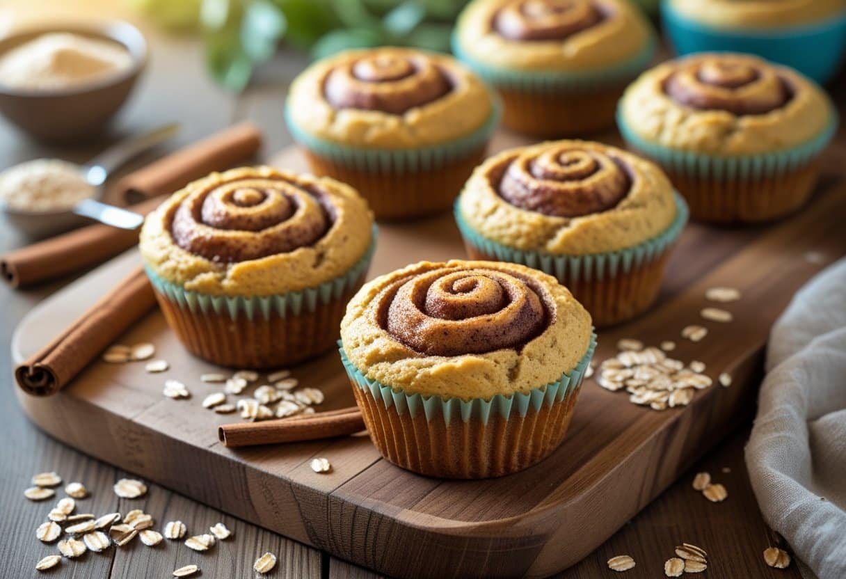 Freshly baked cinnamon roll protein muffins on a wooden board with cinnamon sticks and oats around them.
