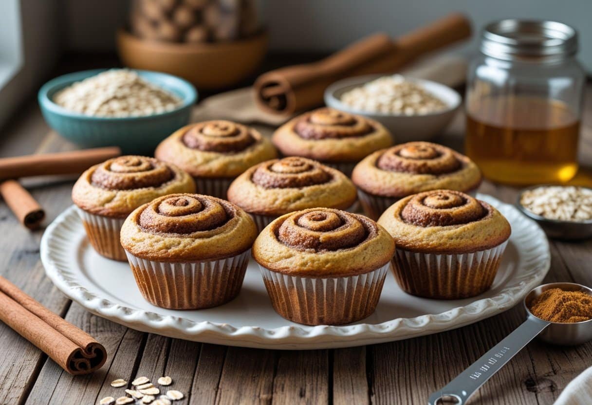 A plate of freshly baked cinnamon roll protein muffins on a wooden table with cinnamon sticks, oats, and honey nearby.