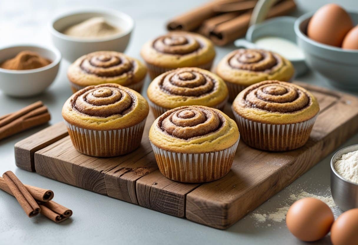 Freshly baked cinnamon roll protein muffins on a wooden board with cinnamon sticks and baking ingredients on a kitchen countertop.