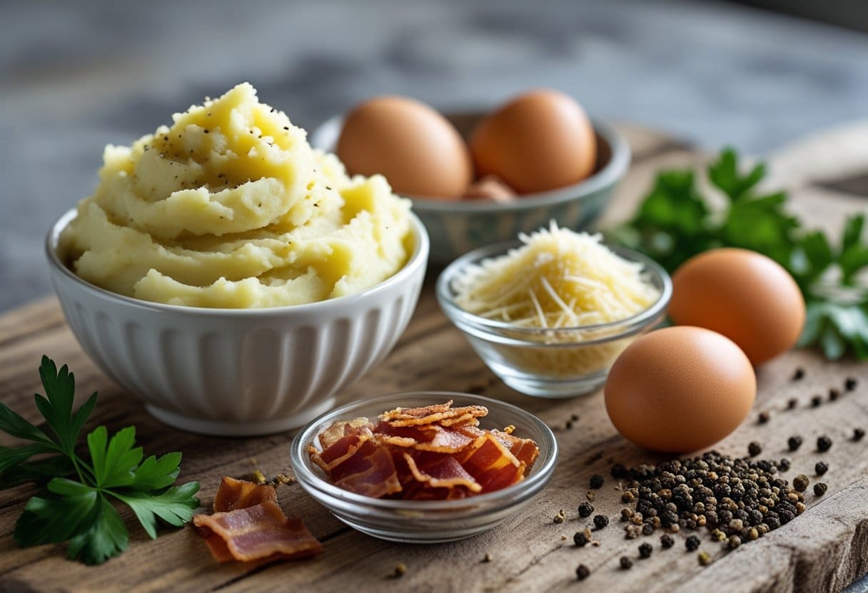 Close-up of core ingredients for Carbonara mashed potatoes including mashed potatoes, pancetta, Parmesan cheese, eggs, black pepper, and parsley arranged on a wooden surface.