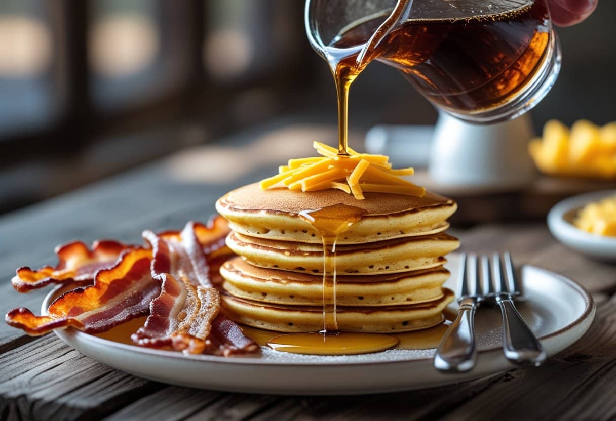 A stack of cheddar pancakes topped with melted cheese and crispy bacon on a plate with maple syrup being poured over them on a wooden table.
