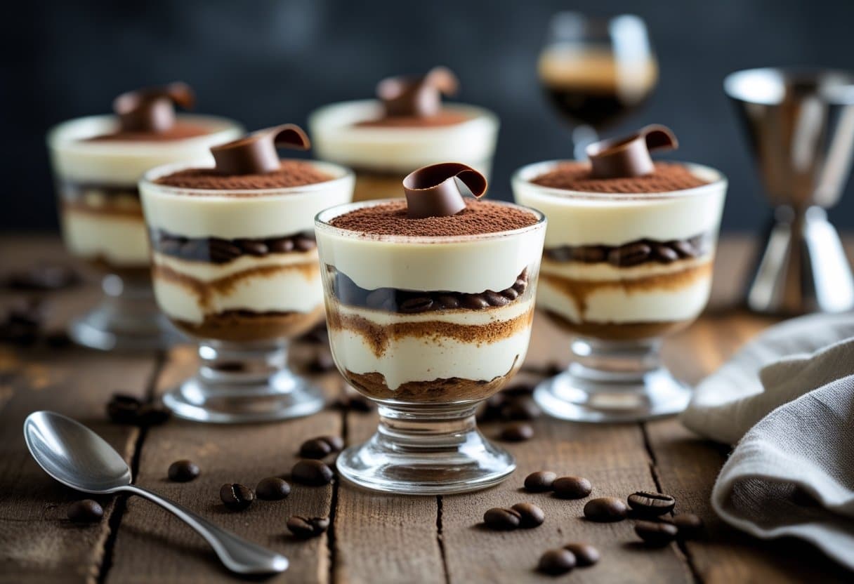 Several glass cups filled with layered espresso martini tiramisu topped with cocoa powder and coffee beans, placed on a wooden table with a blurred espresso martini glass in the background.