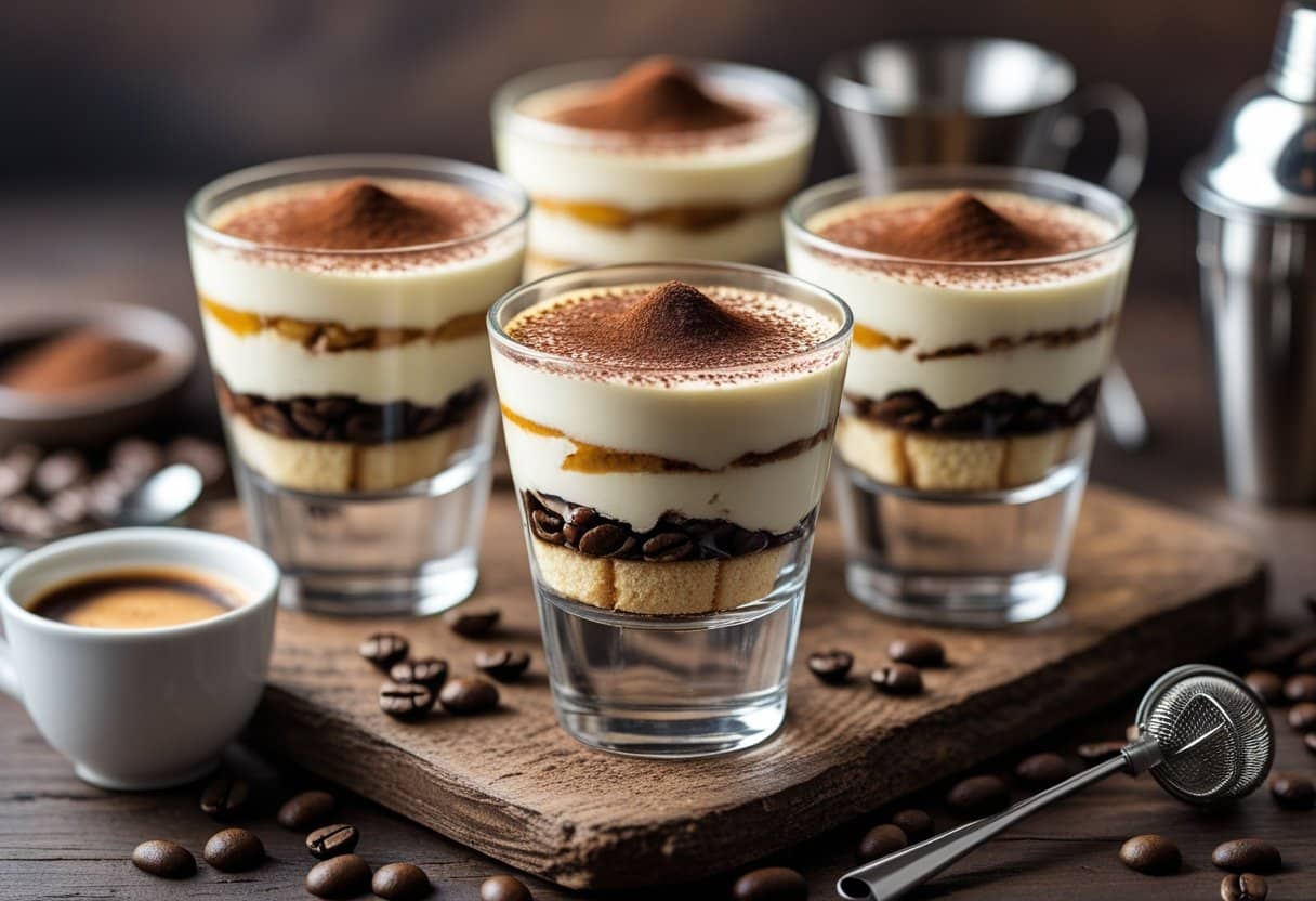 Three layered espresso martini tiramisu cups on a wooden surface with coffee beans and an espresso cup nearby.