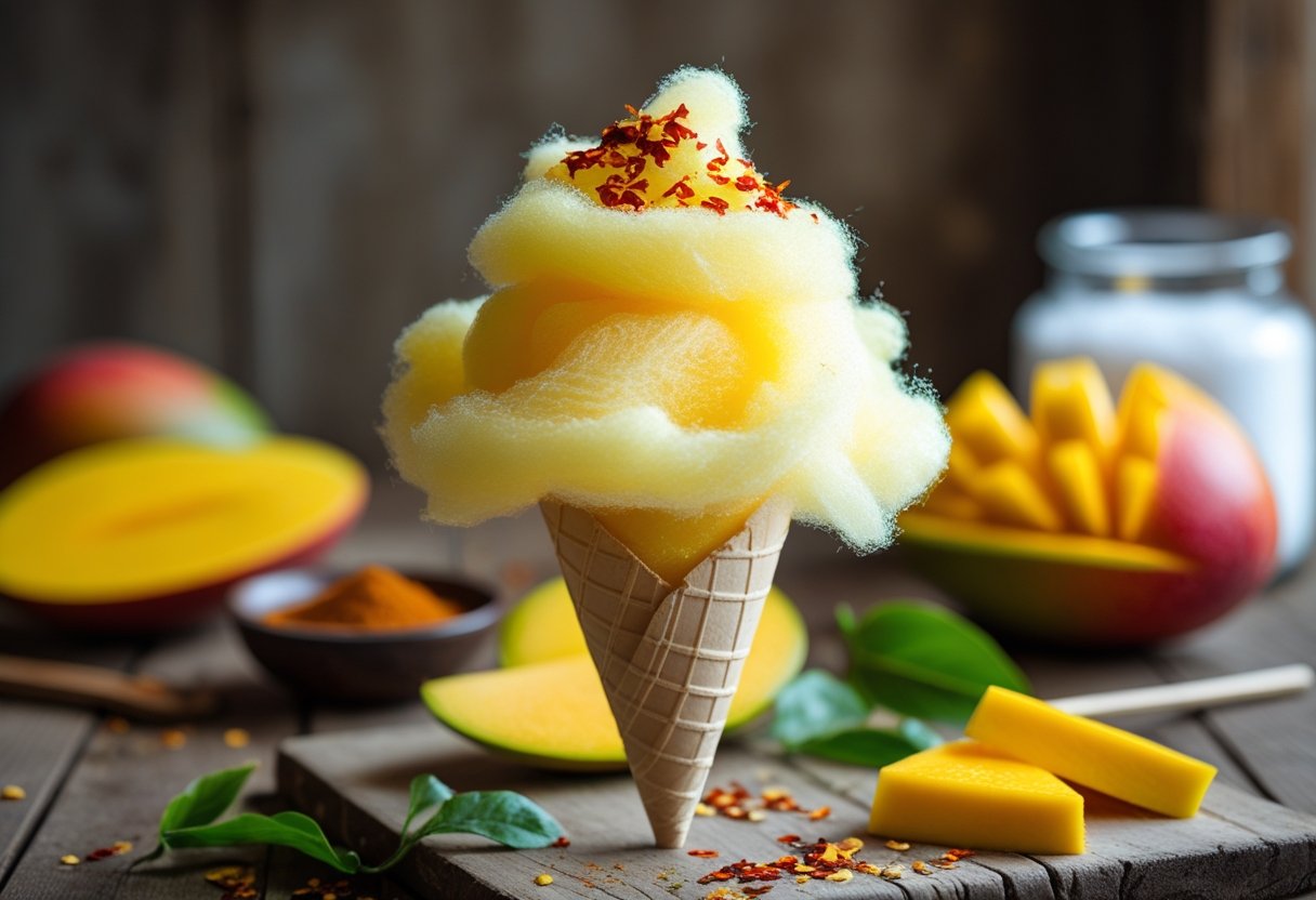 A cone of yellow-orange cotton candy with red chili flakes on a wooden table surrounded by mango slices, chili powder, and sugar.