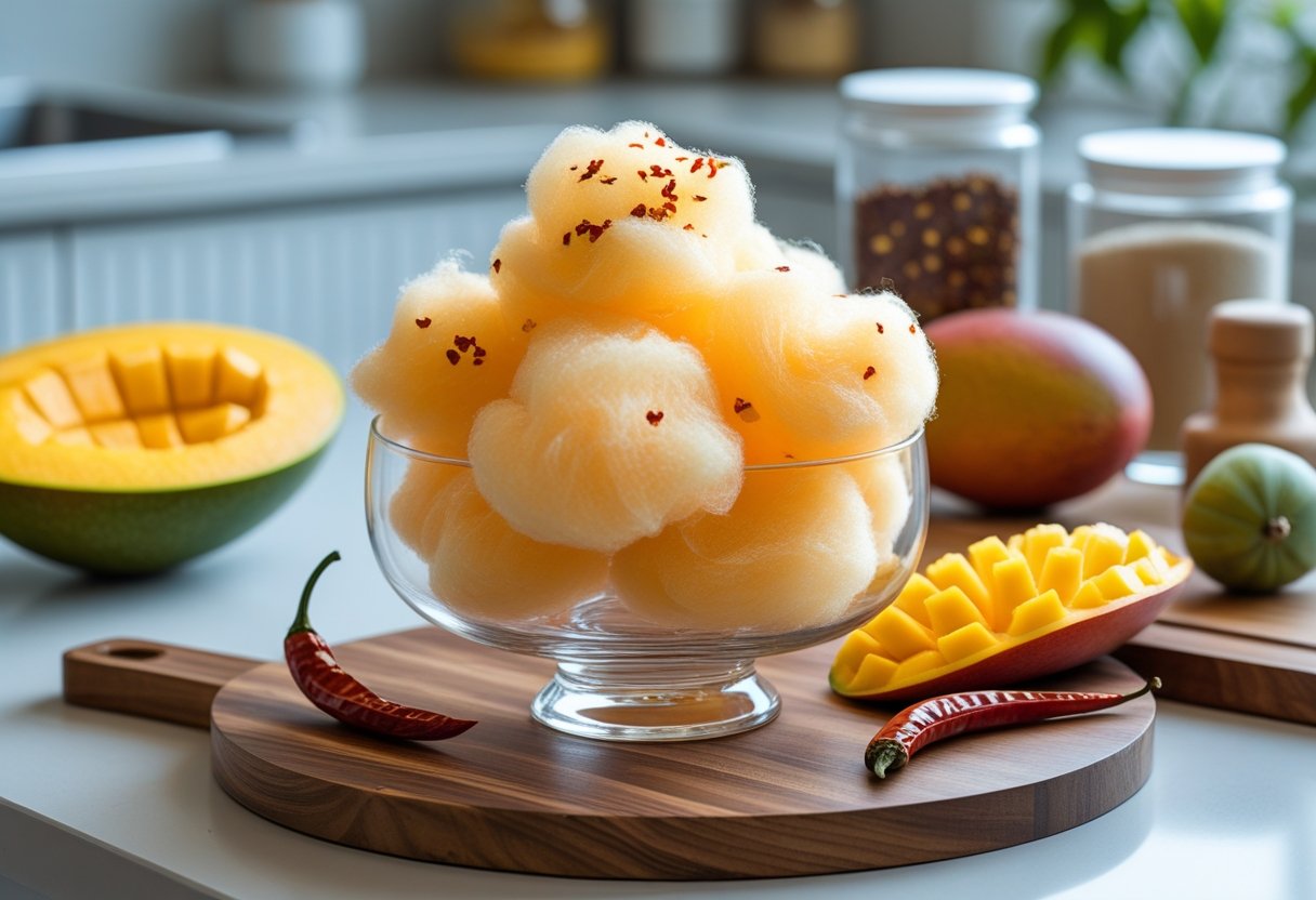 A bowl of spicy mango cotton candy with mango slices and chili peppers on a wooden board in a kitchen setting.