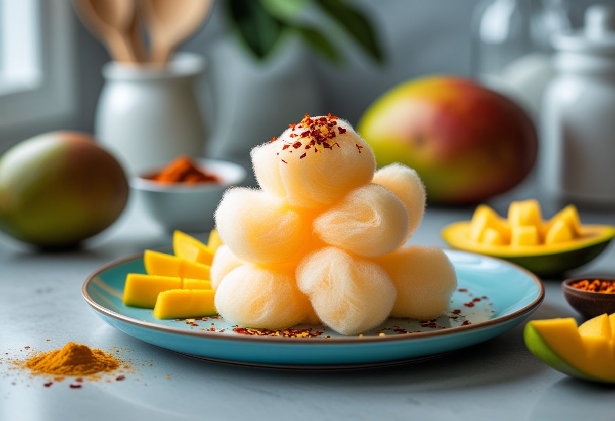 A plate with spicy mango cotton candy, fresh mango slices, and chili powder on a kitchen countertop.