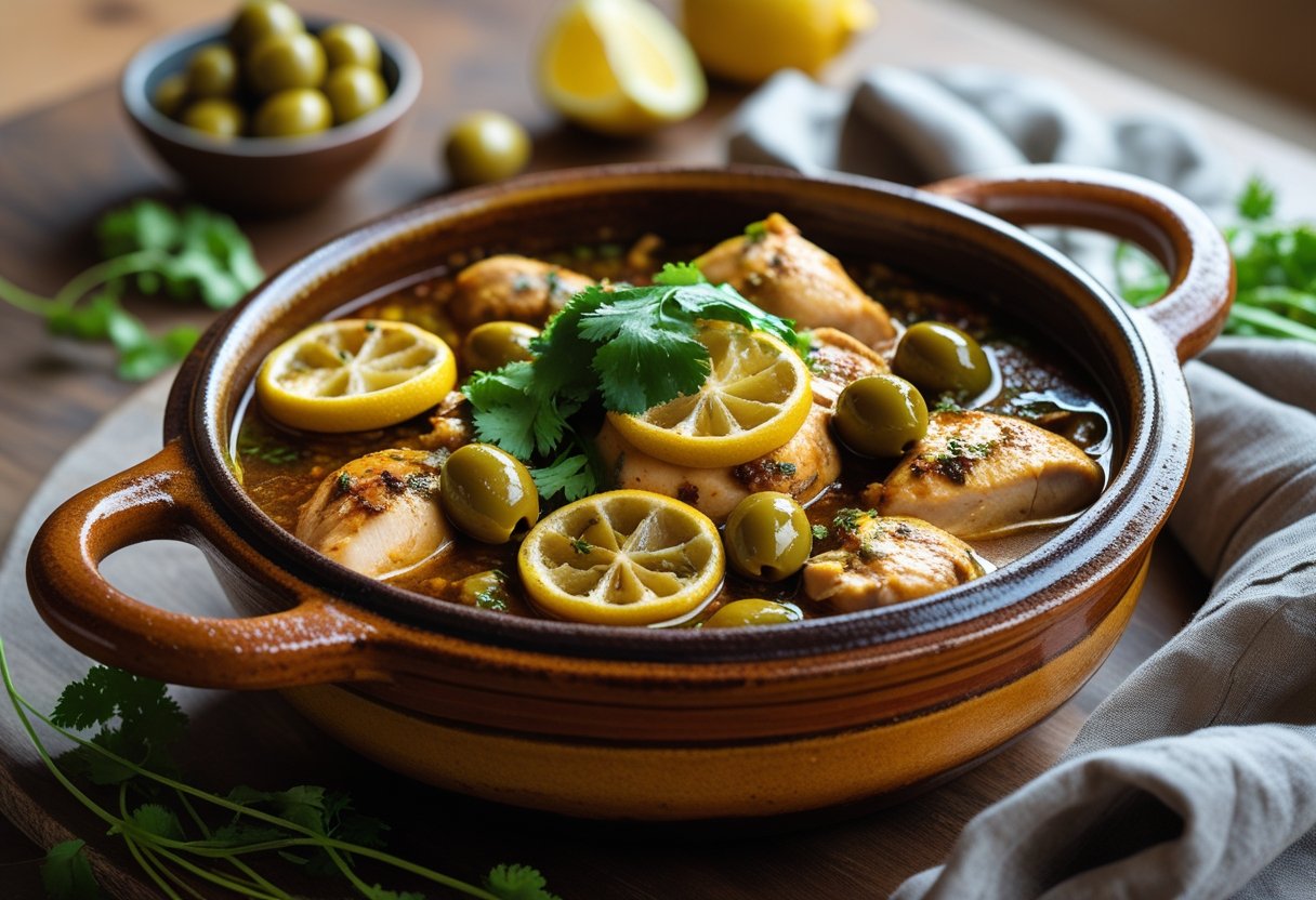 A tagine pot filled with chicken, preserved lemons, and green olives on a wooden table, garnished with fresh herbs.