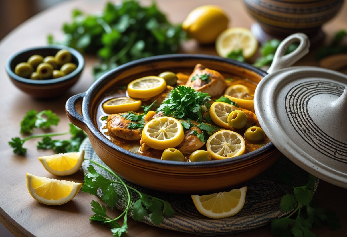 A chicken tagine with preserved lemons and green olives served in a traditional earthenware pot on a wooden table with fresh herbs and olives nearby.