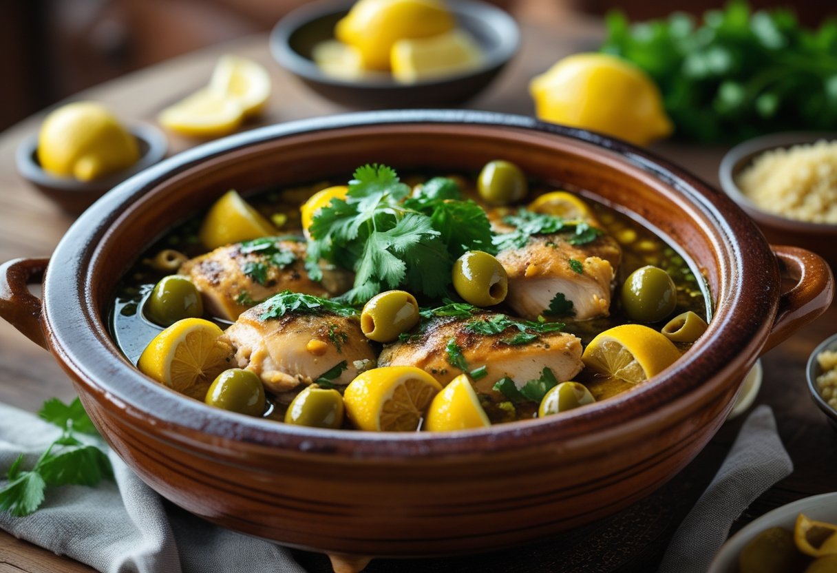A cooked chicken tagine with preserved lemons and green olives served in a traditional pot on a wooden table with herbs and lemon wedges nearby.