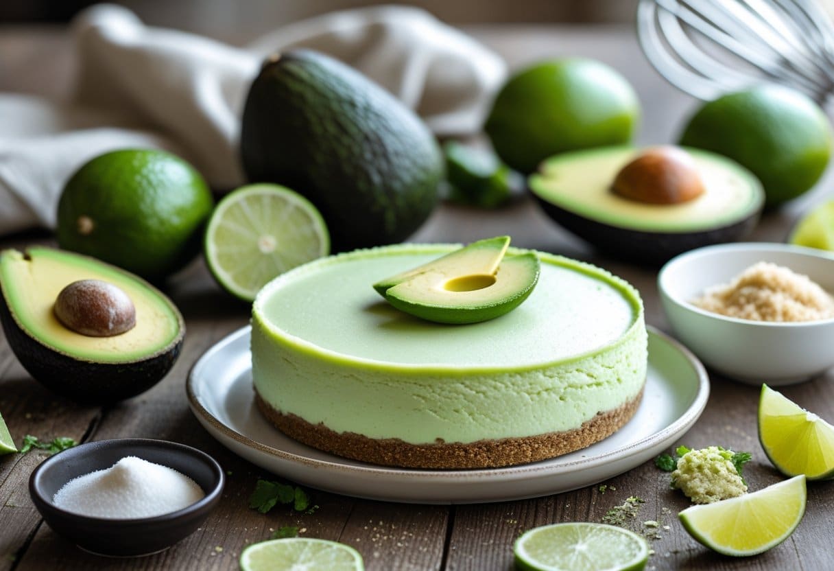 A cheesecake with avocado and lime ingredients including fresh avocados, limes, and small bowls of cream cheese and sugar arranged on a wooden table.