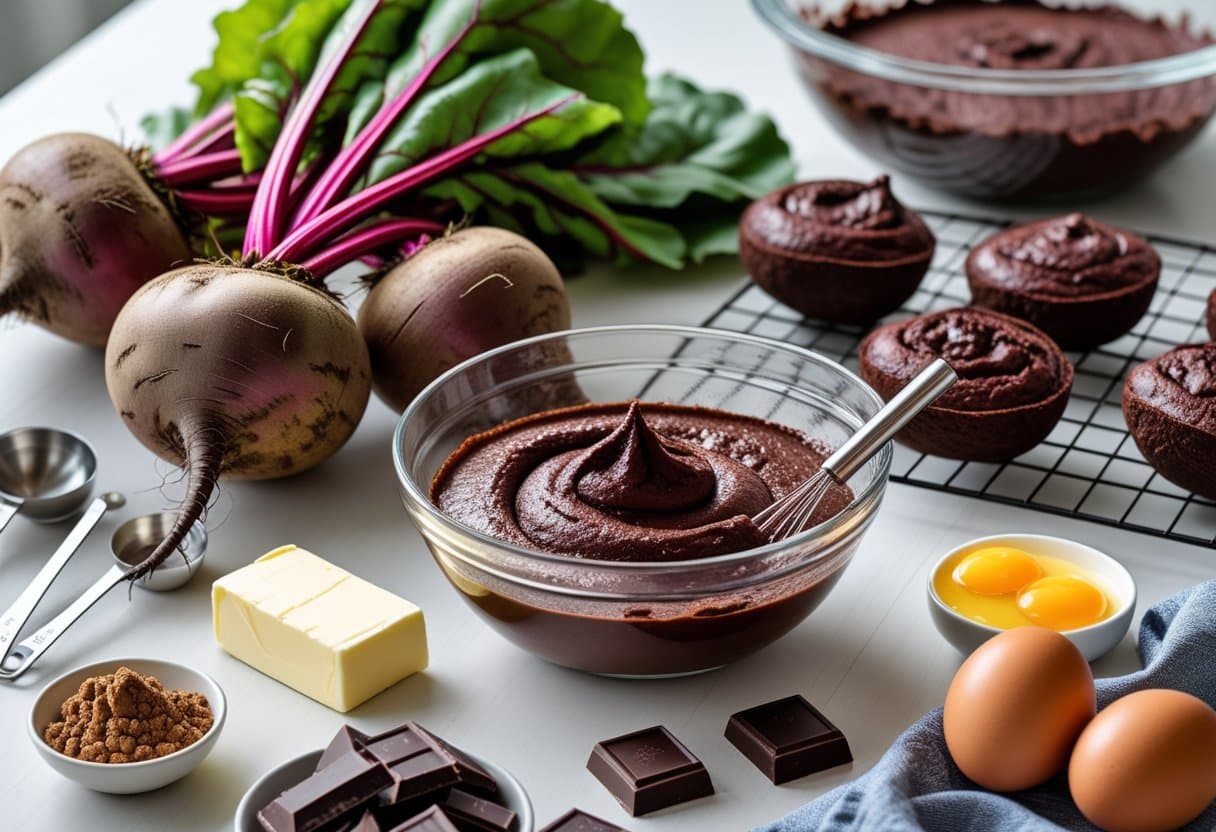 A kitchen countertop with fresh beetroot, chocolate, and baking ingredients alongside a bowl of brownie batter and partially baked brownies on a wire rack.