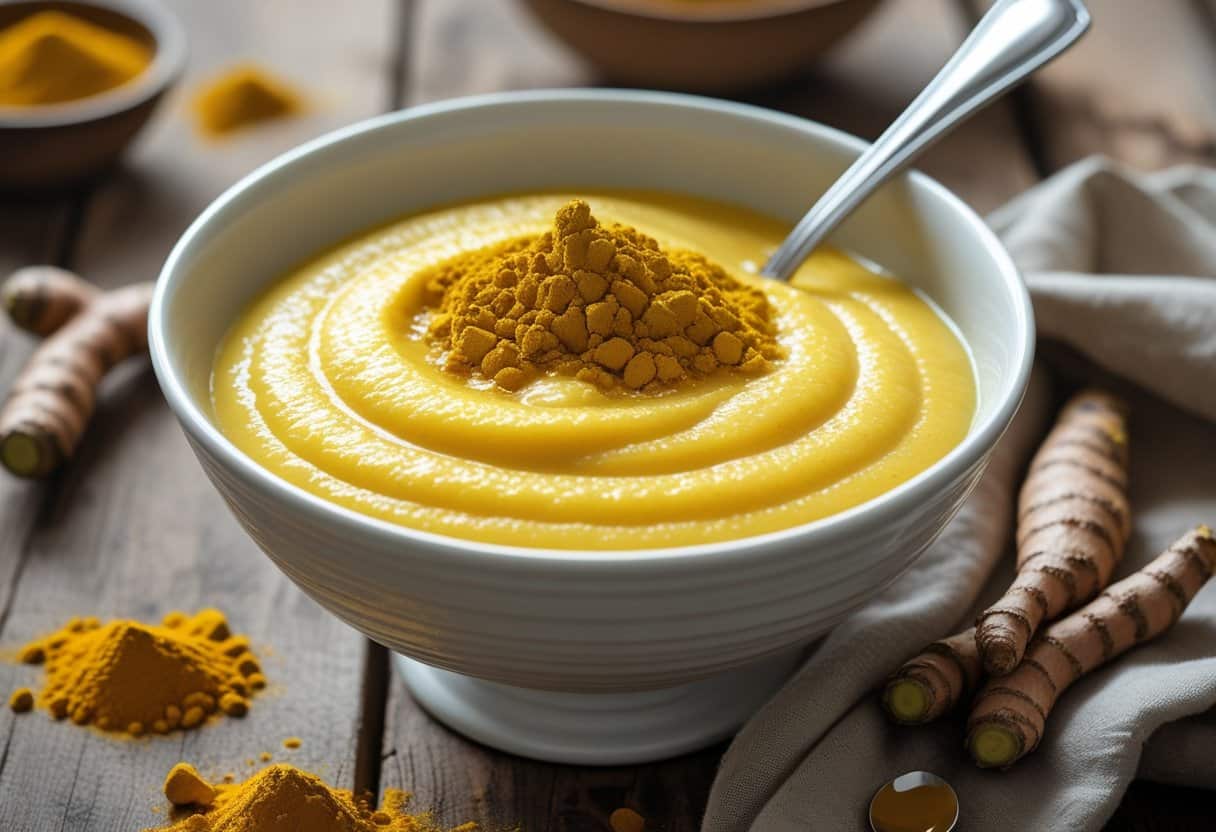 A bowl of creamy golden-yellow turmeric rice pudding with a spoon, surrounded by turmeric powder and roots on a wooden table.