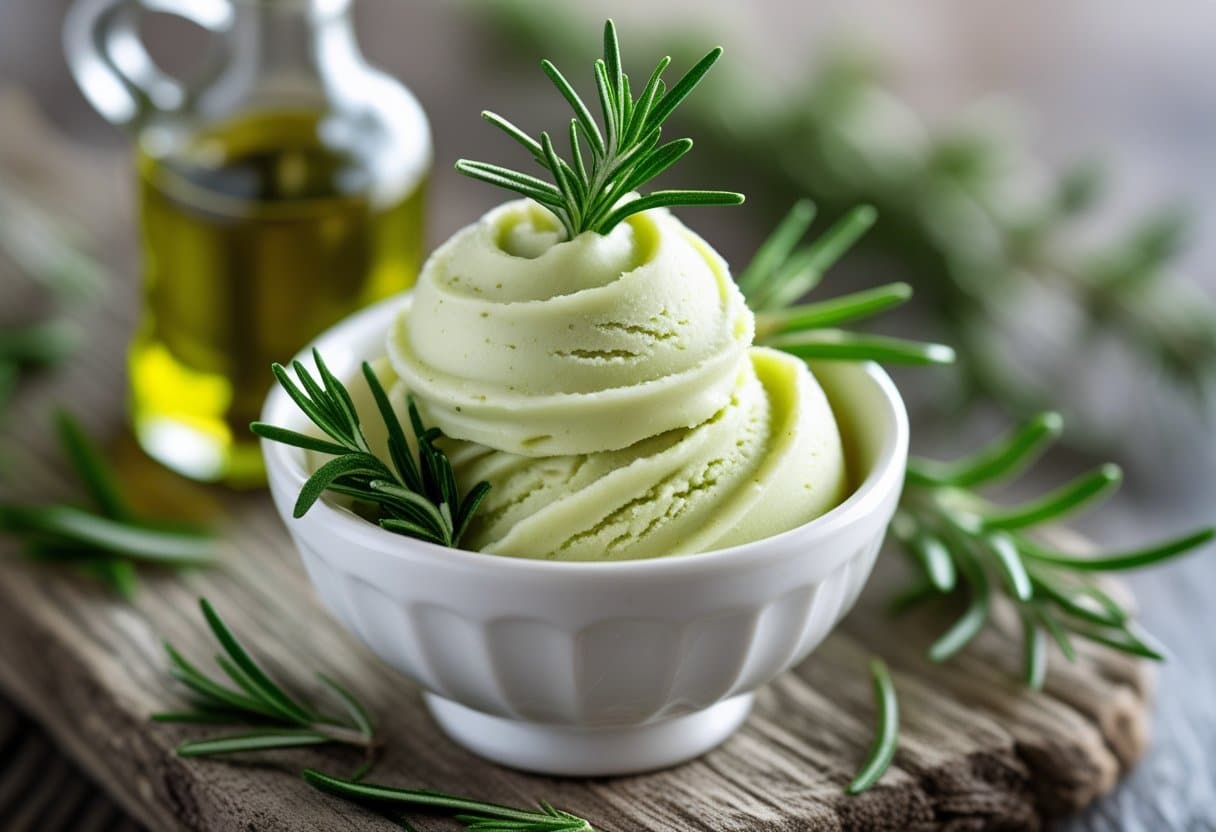A bowl of pale green olive oil rosemary gelato garnished with fresh rosemary on a wooden surface.