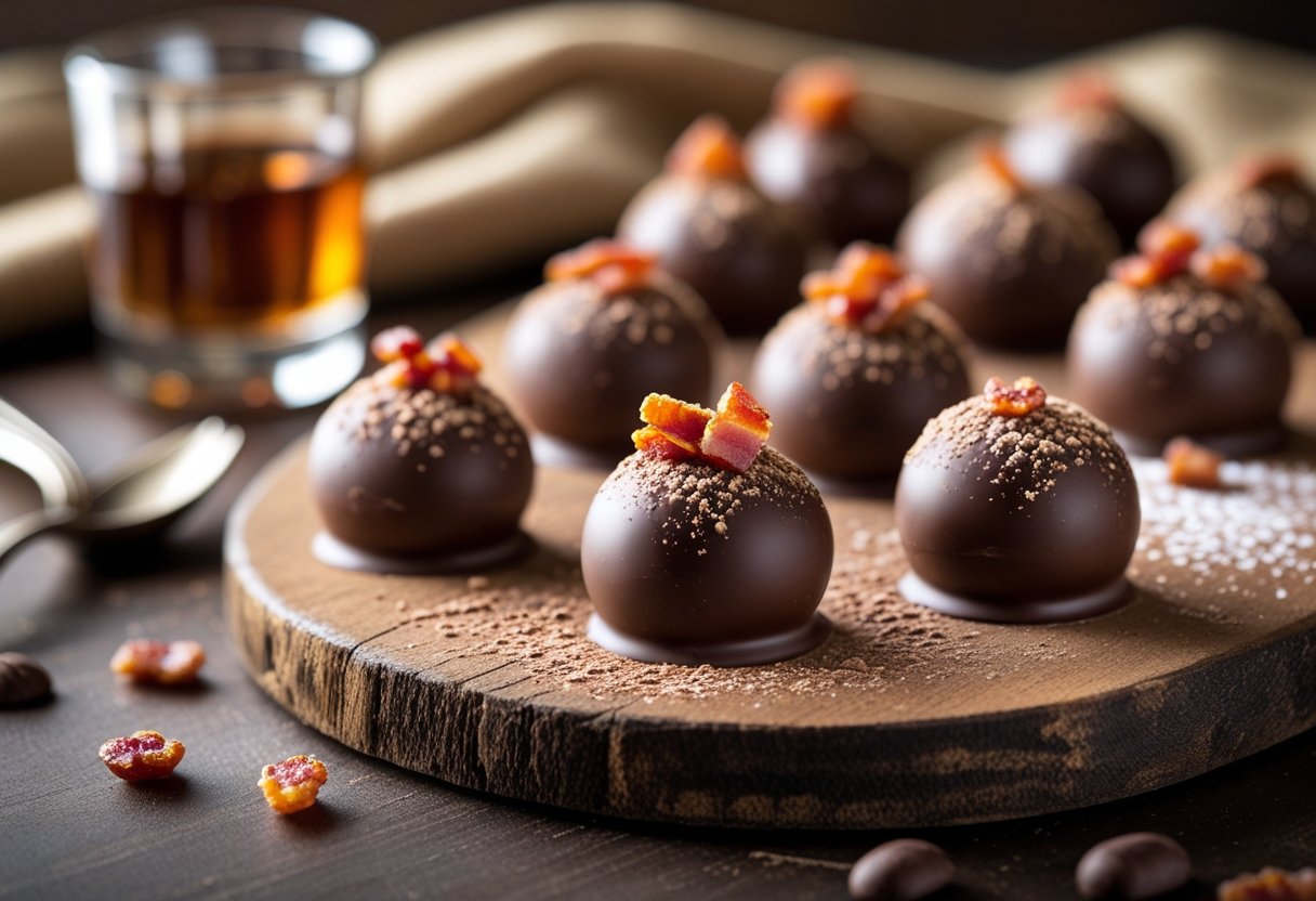 Close-up of bacon bourbon chocolate truffles on a wooden board with a glass of bourbon in the background.