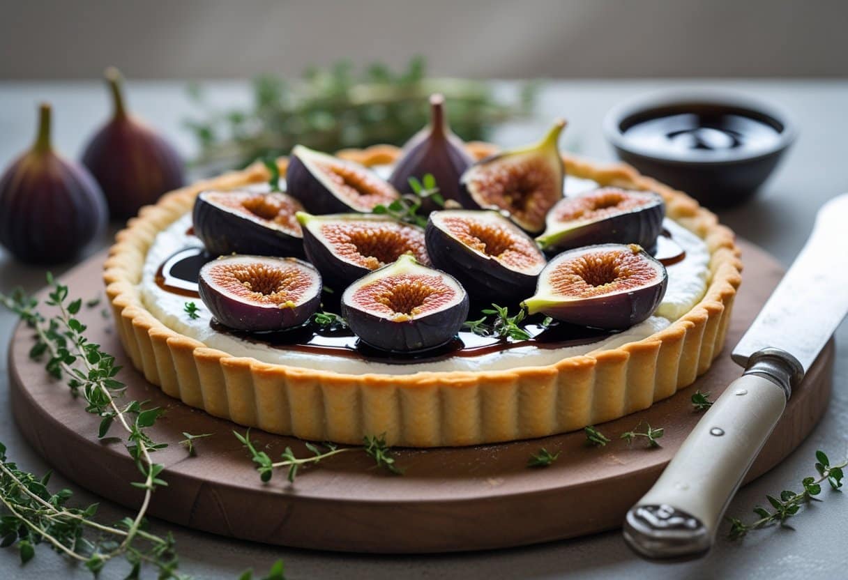 A balsamic fig and goat cheese tart on a wooden board with fresh thyme and a knife nearby.