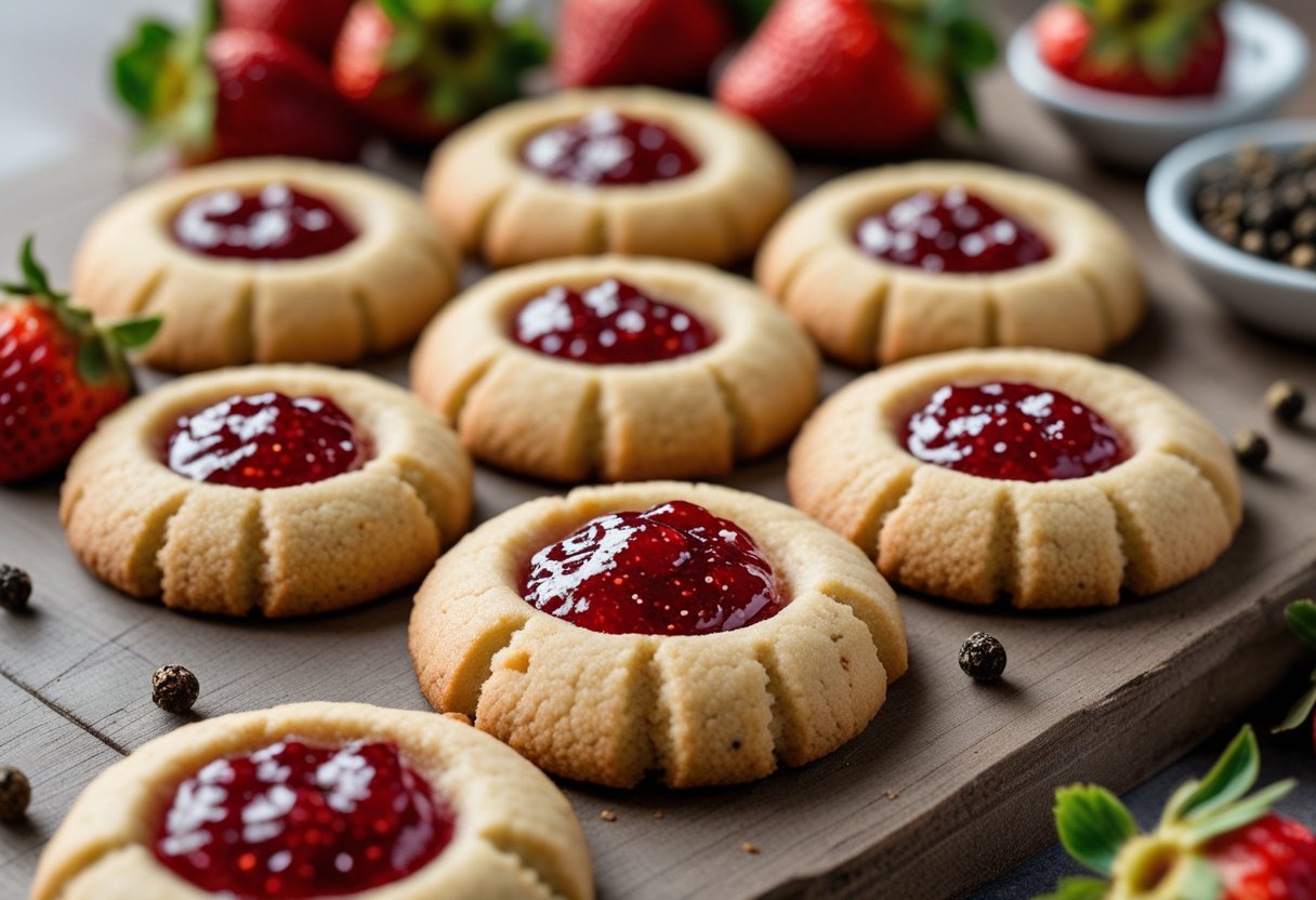 Close-up of golden brown thumbprint cookies filled with red strawberry jam, with fresh strawberries and black peppercorns in the background.