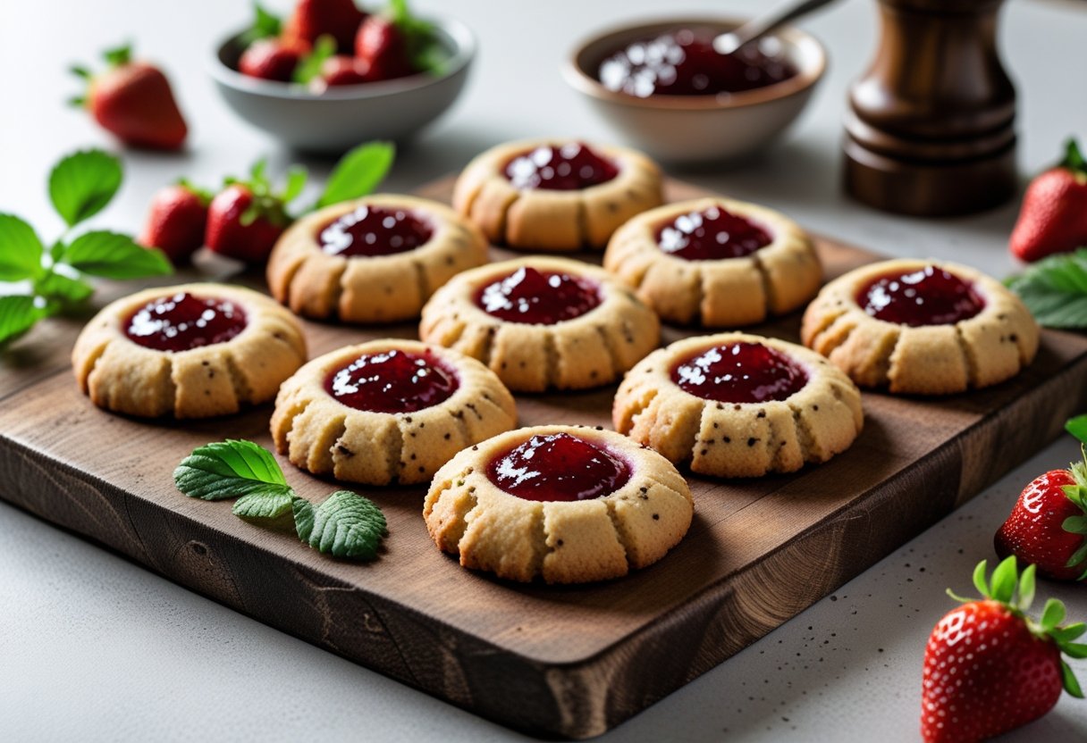 Close-up of black pepper strawberry jam thumbprint cookies on a wooden board with fresh strawberries and a pepper grinder nearby.
