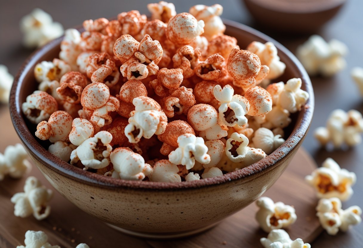 A bowl of popcorn coated with spicy red sauce and dusted with chocolate powder on a wooden surface.