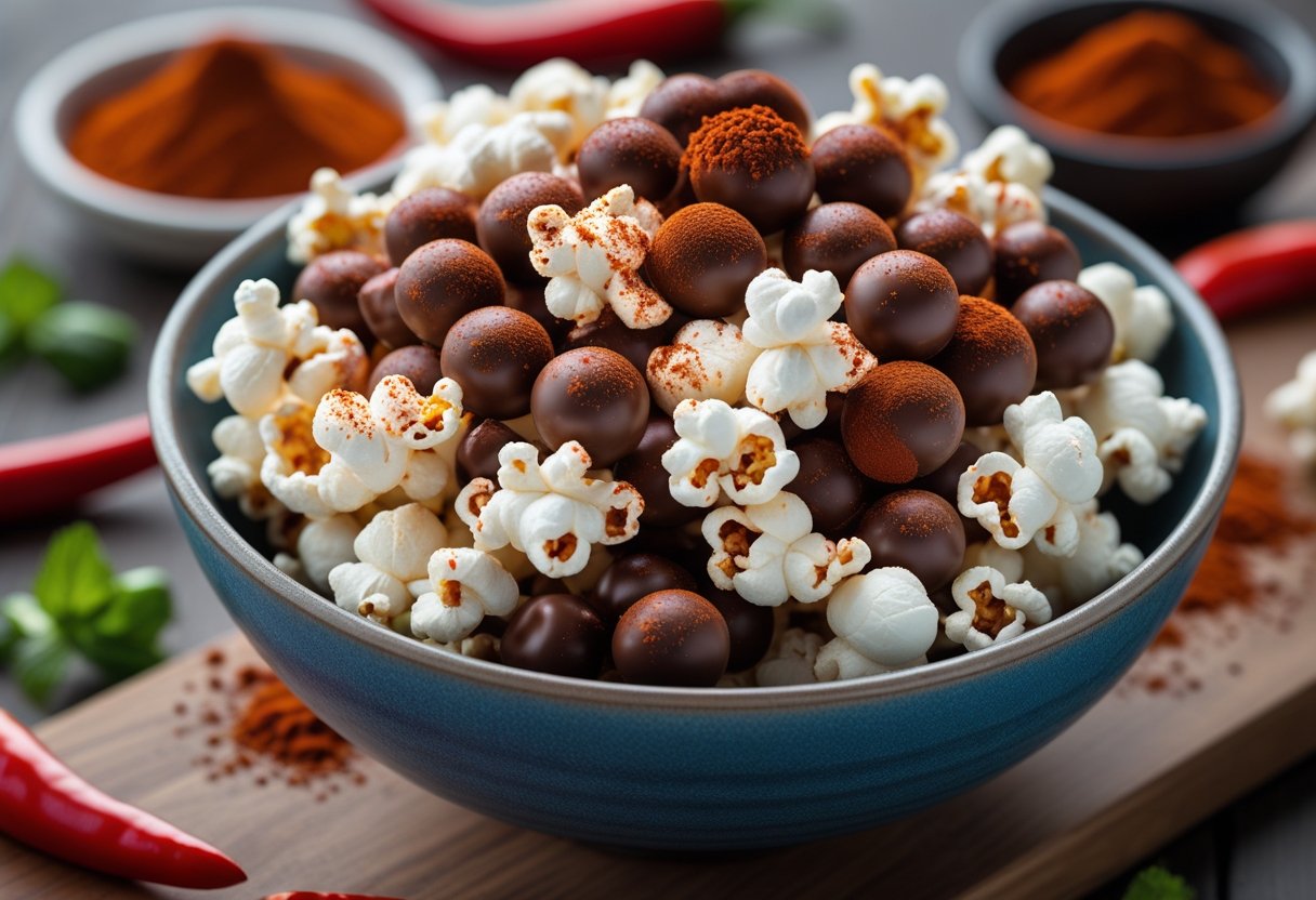 A bowl of popcorn coated with chocolate and red chili powder surrounded by chili peppers, cocoa powder, and sriracha sauce on a wooden surface.