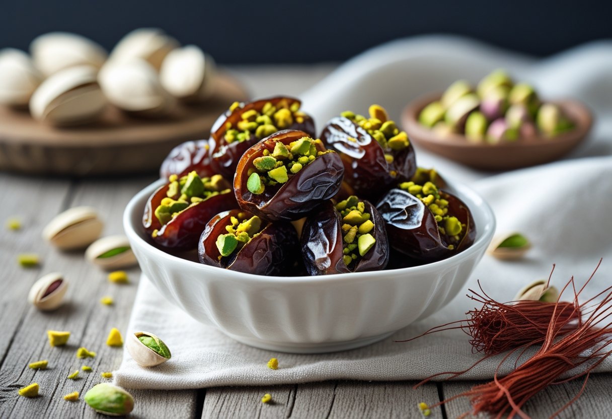 A bowl of dark brown dates stuffed with green pistachios and saffron threads on a wooden surface with pistachios and saffron in the background.