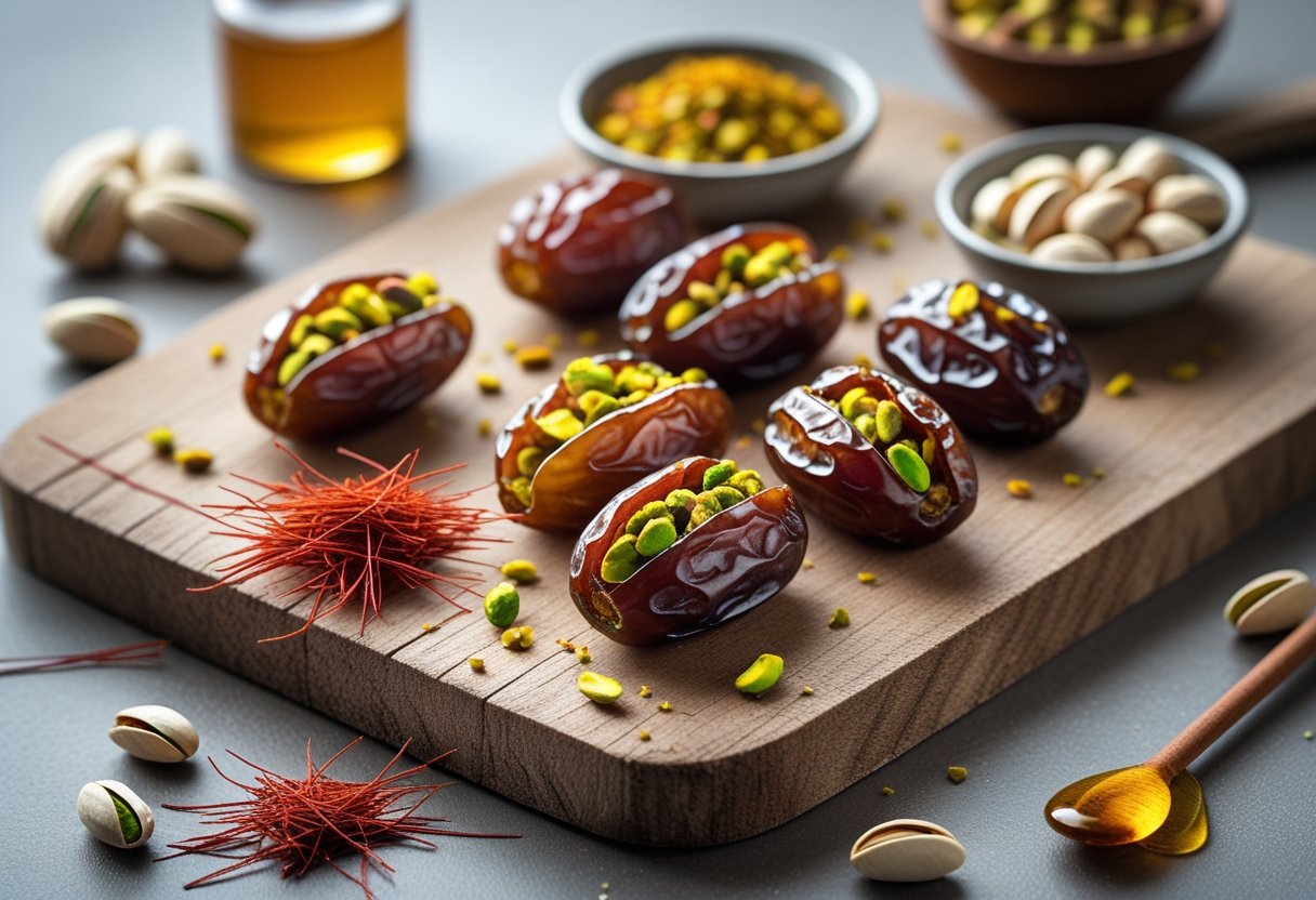 Close-up of stuffed dates filled with pistachios and saffron threads on a wooden board, surrounded by small bowls of saffron, pistachios, and honey.