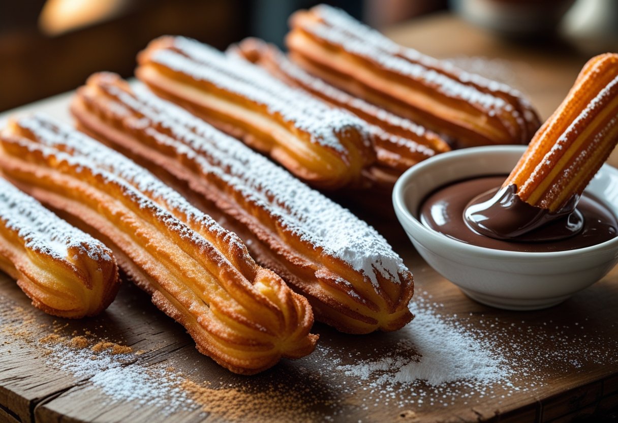 A plate of golden churros dusted with sugar next to a bowl of chocolate dipping sauce on a wooden table.