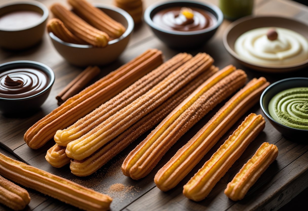 A variety of churros with cinnamon sugar on a wooden table, accompanied by bowls of chocolate and caramel dipping sauces.