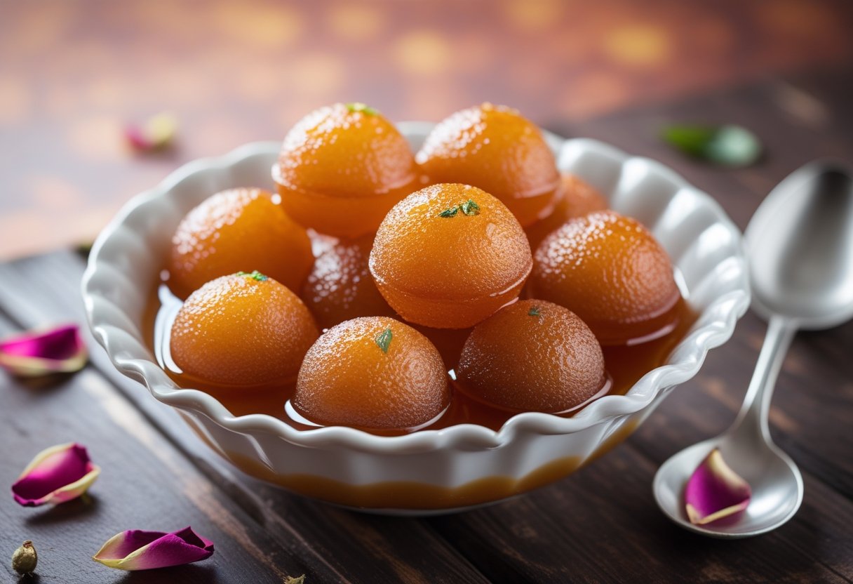 A bowl of golden-brown Gulab Jamun soaked in syrup on a wooden table with a spoon and rose petals around it.
