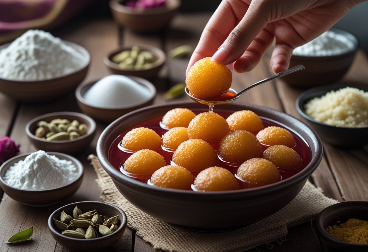 A bowl of golden Gulab Jamun balls soaked in syrup on a wooden table surrounded by ingredients and a hand placing a fried ball into the syrup.