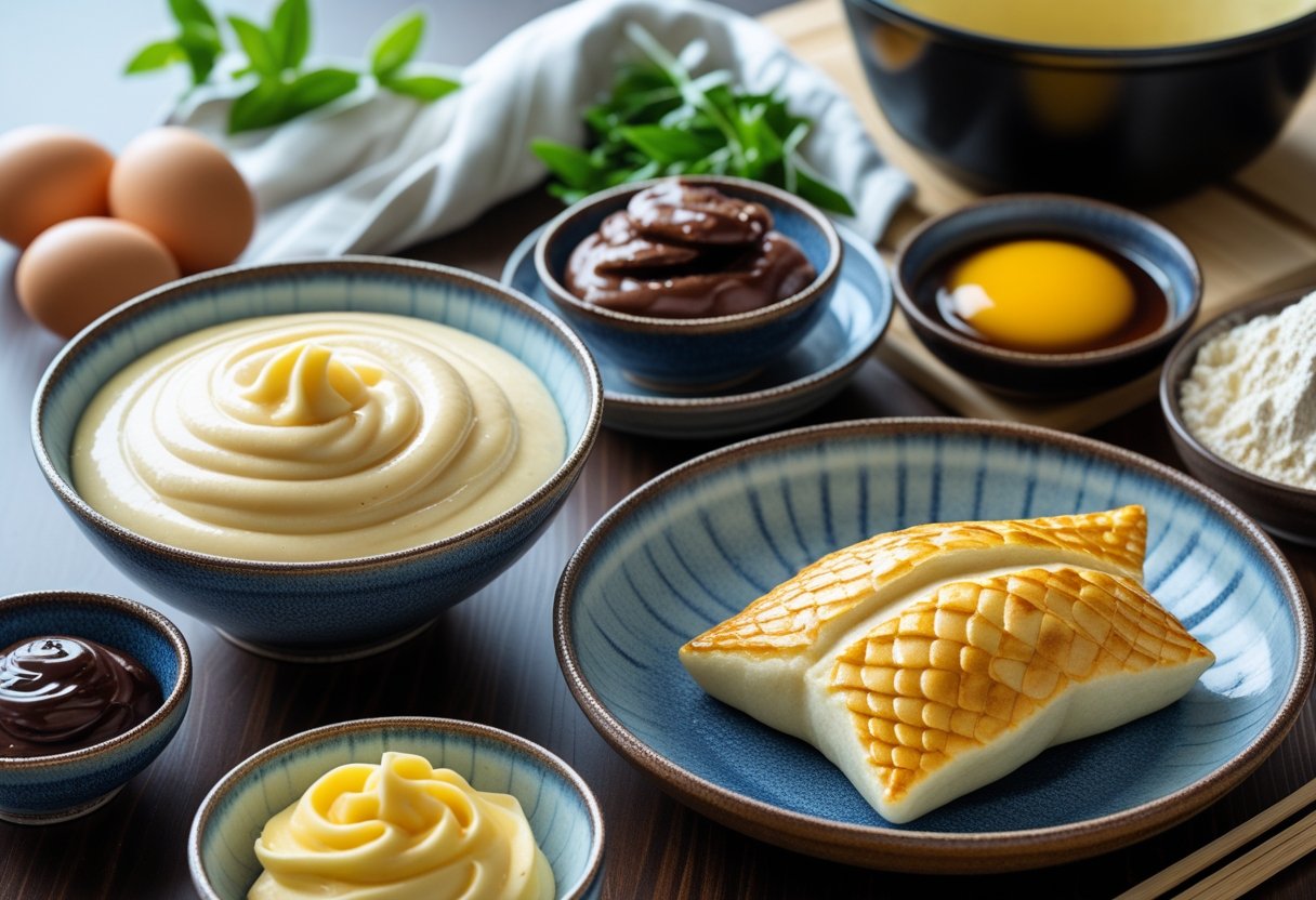Ingredients and tools for making Taiyaki, including batter, fillings, and a fish-shaped mold on a wooden surface.