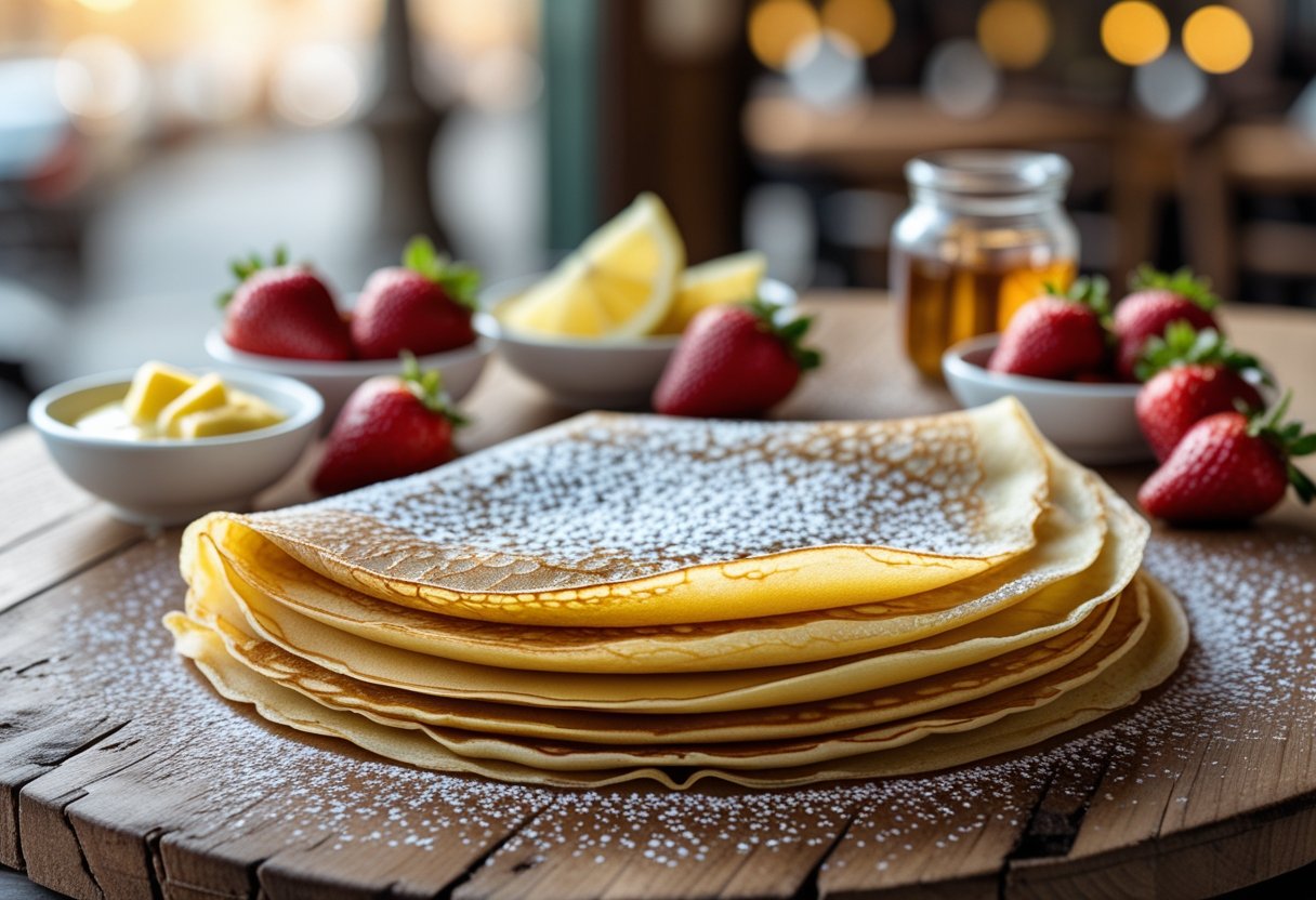 A golden brown folded French crêpe on a wooden table with bowls of strawberries, lemon wedges, honey, and melted butter nearby.