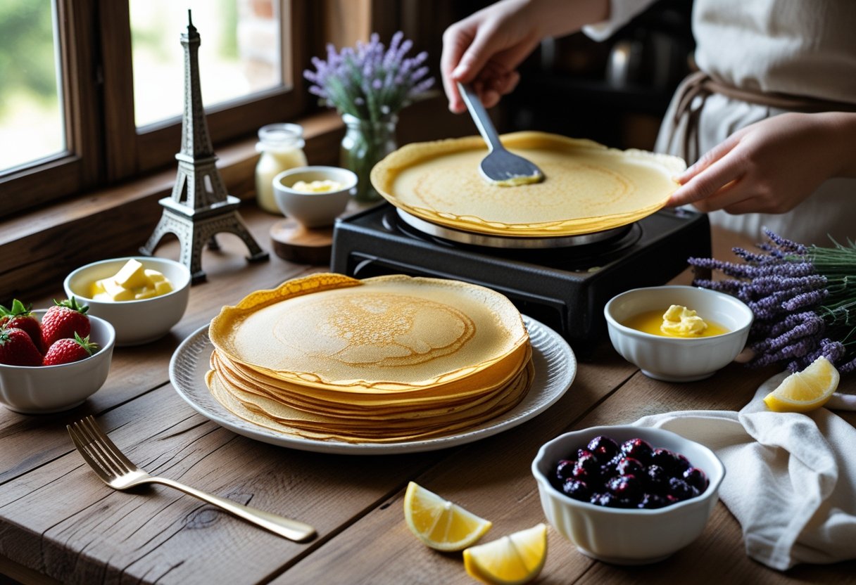 A person making crêpes in a kitchen with a plate of crêpes and bowls of fresh fruit and toppings on a wooden table.