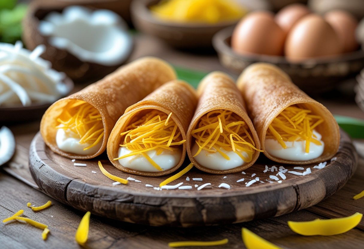 A wooden platter with Thai crispy pancakes filled with coconut cream and sweet egg yolk threads, set against a blurred market background.