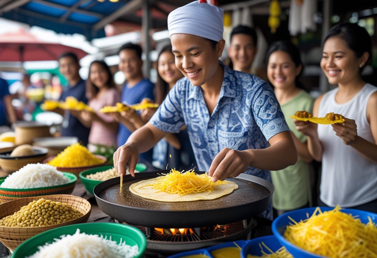 A Thai street vendor making traditional crispy pancakes with colorful fillings while people enjoy eating them at a market stall.