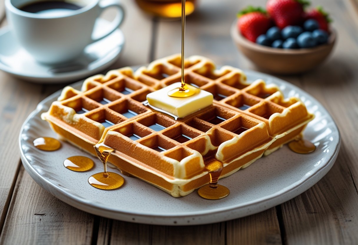 A golden brown Belgian waffle topped with butter and syrup on a white plate, with coffee and berries in the background.