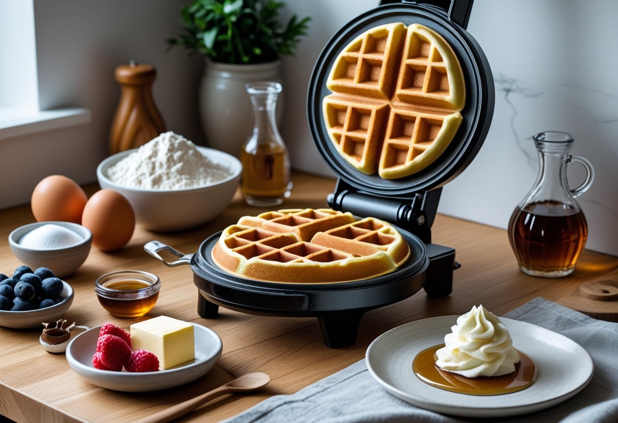 A kitchen countertop with ingredients for Belgian waffles, a waffle iron with a cooked waffle, and serving items including berries, syrup, and whipped cream.