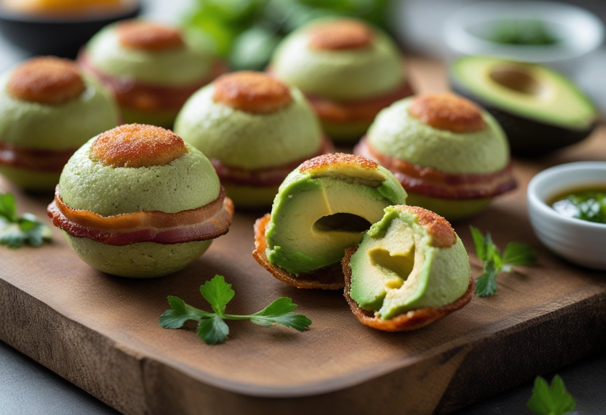 Close-up of avocado bacon bombs on a wooden board, some cut open showing green avocado inside wrapped in crispy bacon.