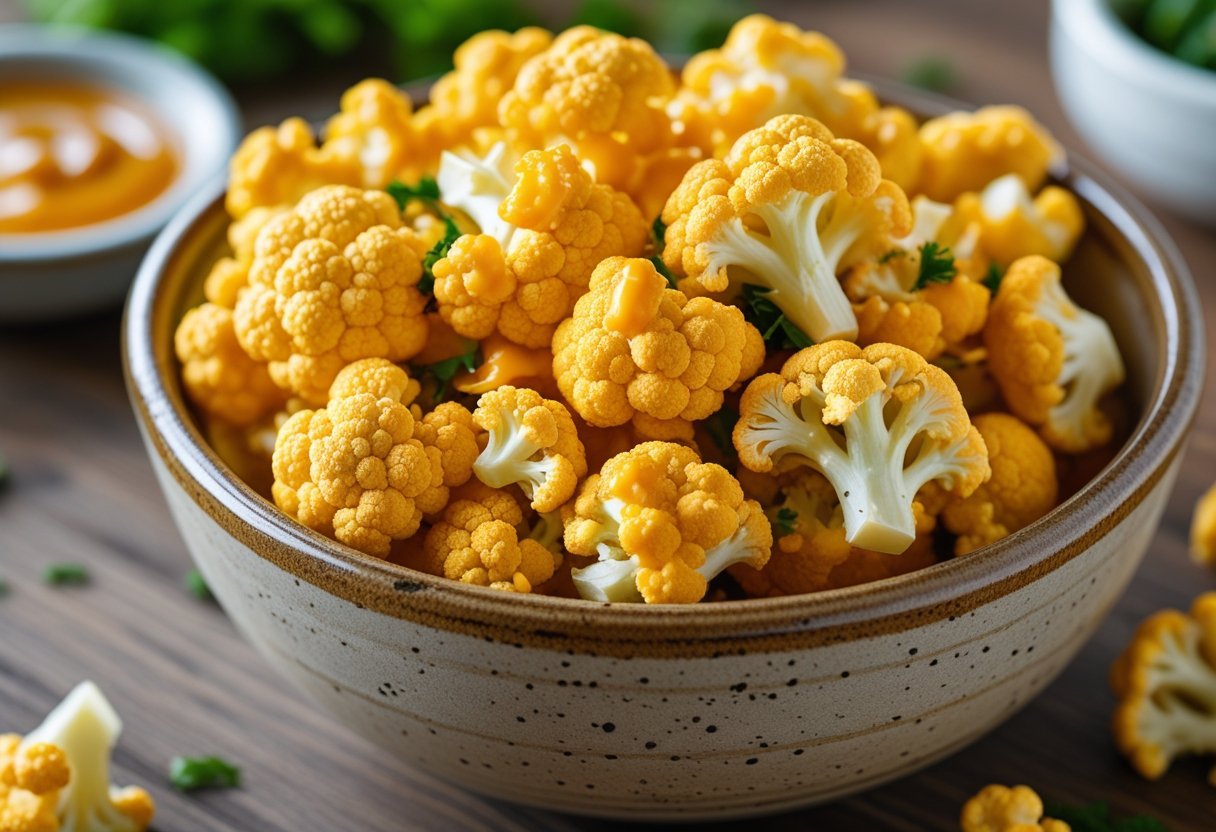 A bowl of golden cheesy cauliflower bites on a wooden table with fresh herbs and dipping sauce in the background.
