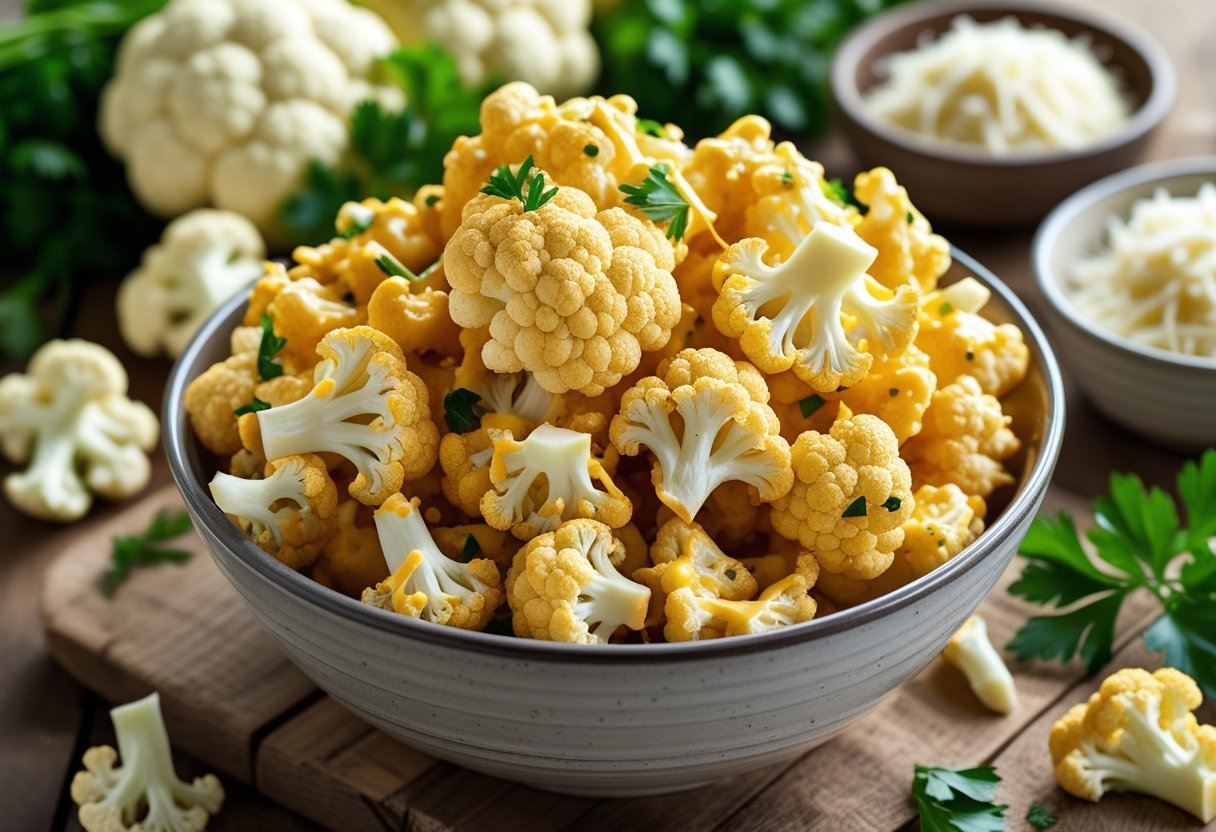A bowl of crispy cheesy cauliflower pieces with fresh cauliflower and cheese on a wooden table.