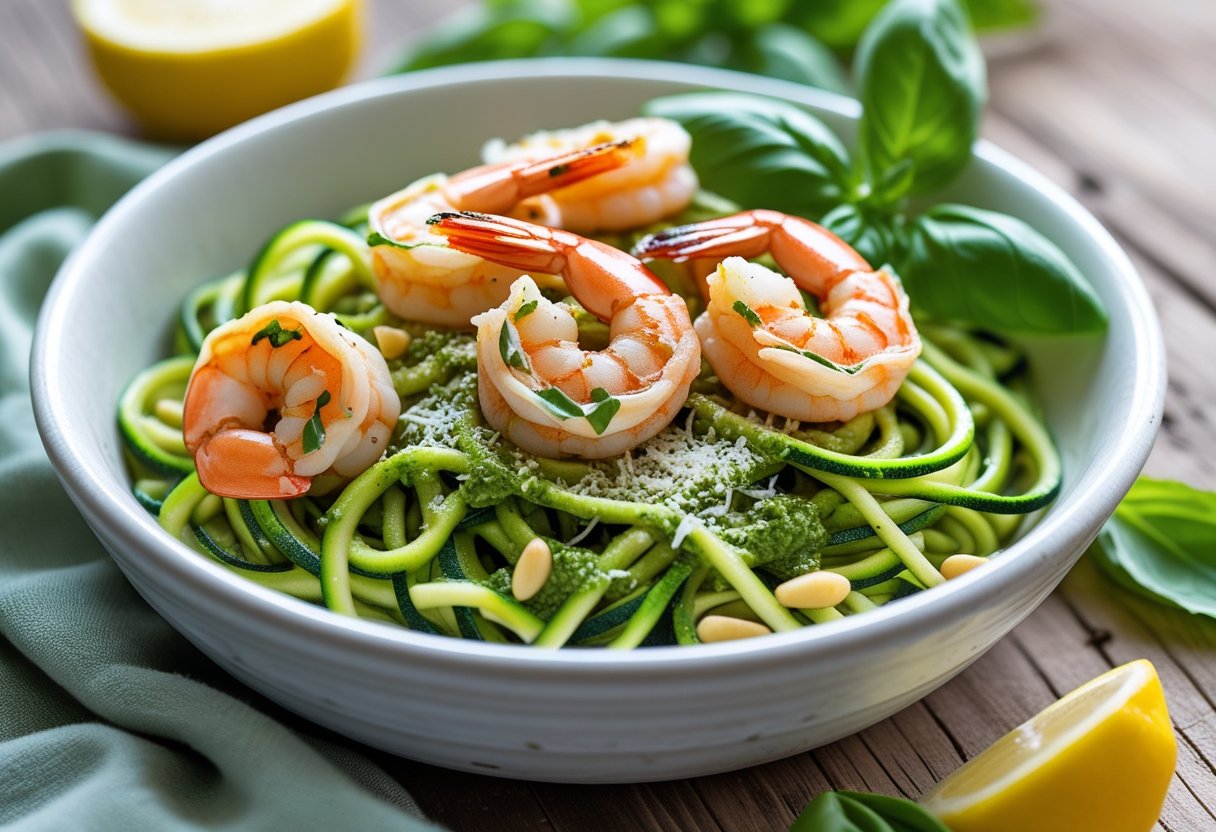 A bowl of zucchini noodle pesto pasta topped with cooked shrimp and fresh basil on a wooden table.